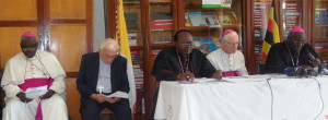 Archbishop Odama (extreme left) addresses the press as the Apostolic Nuncio to Uganda, H.E. Michael August Blume (centre), the Archbishop of Kampala, Most. Rev. Cyprian Kizito Lwanga, the Bishop of Lira, Rt. Rev. Joseph Franzelli, the Bishop of Arua, Rt. Rev. Sabino Ocan Odoki follow the proceeding