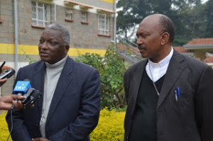 Chairman of Catholic Health Commission Rt. Rev. Paul Kariuki  (left)  accompanied by Vice Chairman of the Commission  Rt. Rev. Joseph Mbatia  answering questions from  the press in regard with the Church's  stand on Vaccination campaigns